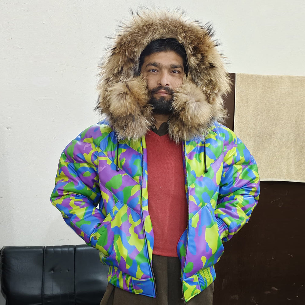 Men's Camo Sheepskin Leather V-Bomber Jacket – 100% Duck Down, Real Fur Hood