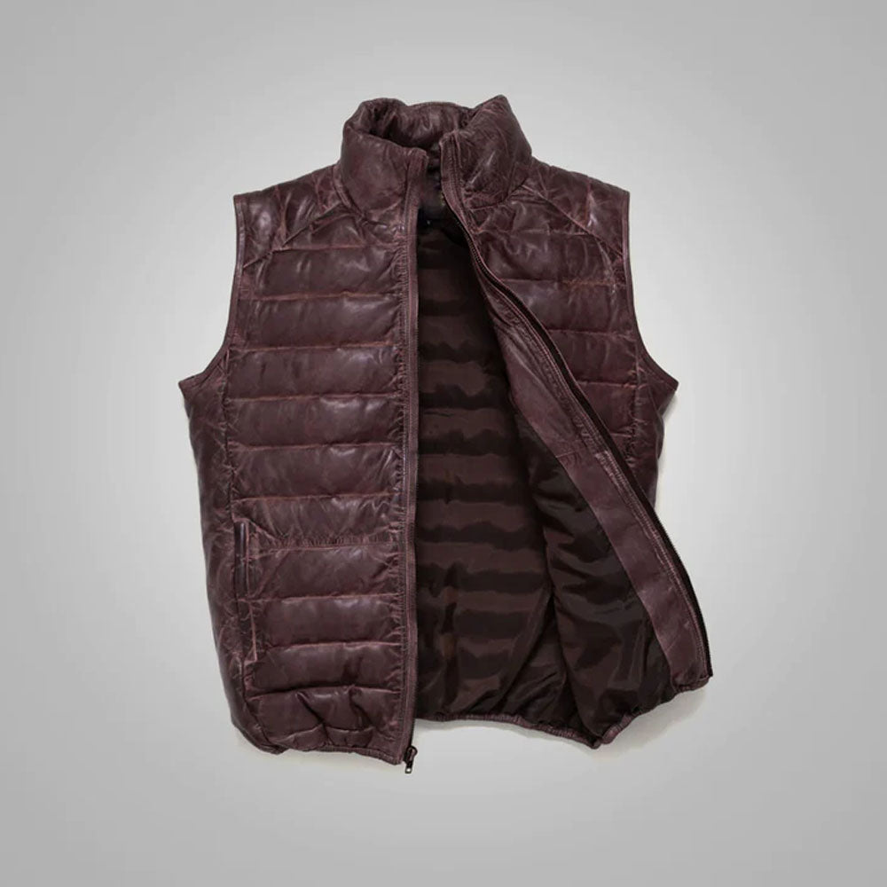 Men Dark Brown Genuine Bubble Sheepskin Down Leather Vest