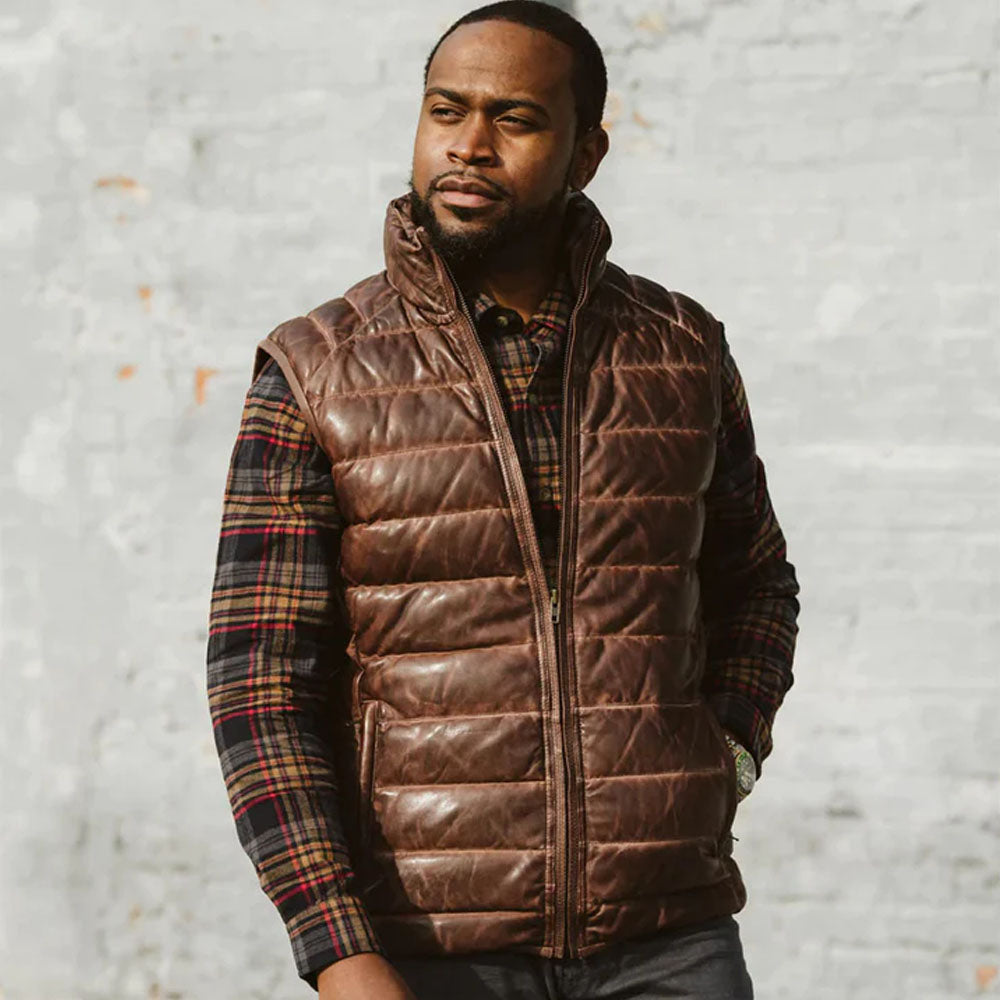 Men Dark Brown Genuine Bubble Sheepskin Down Leather Vest