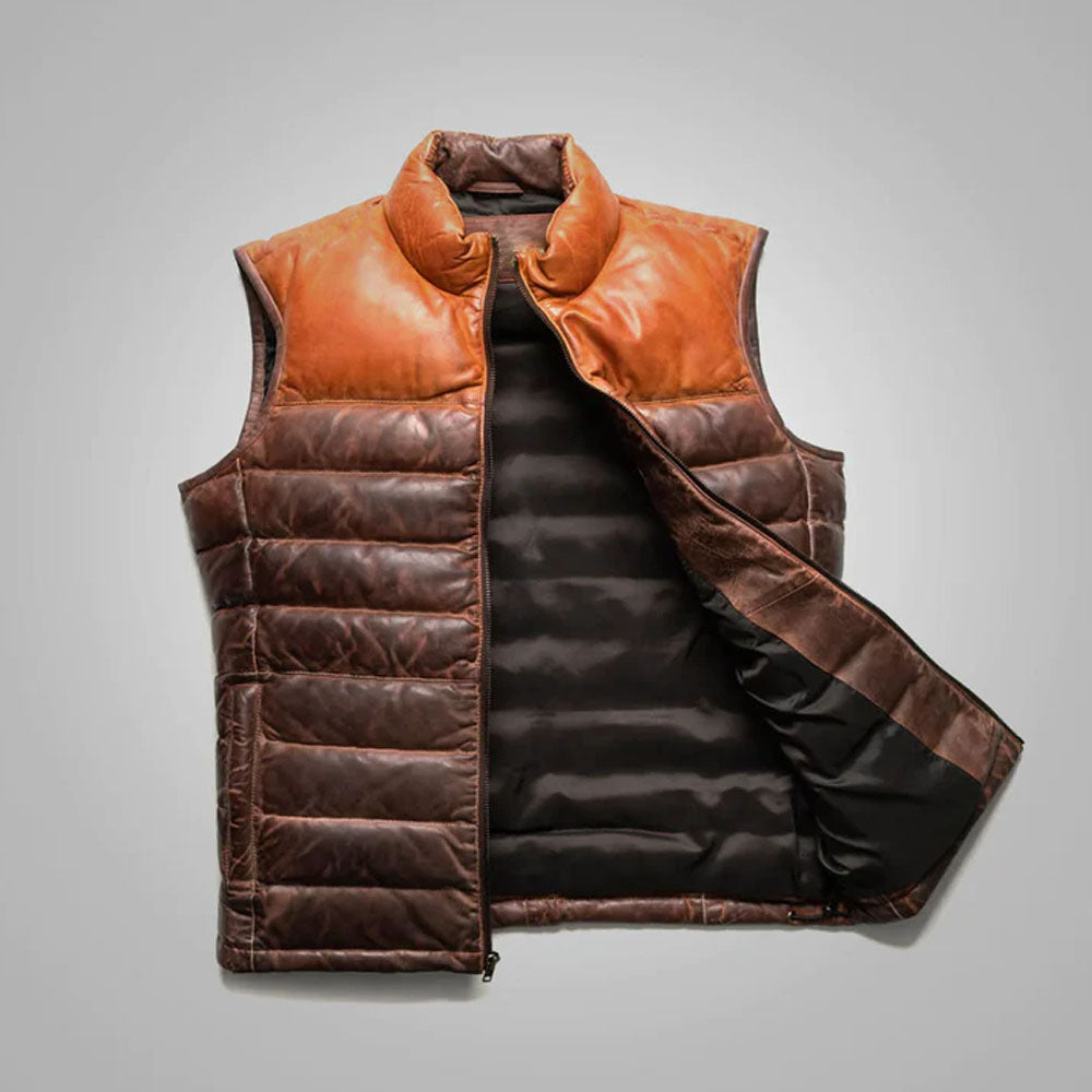 Brown Men Bubble Down Genuine Leather Sheepskin Vest