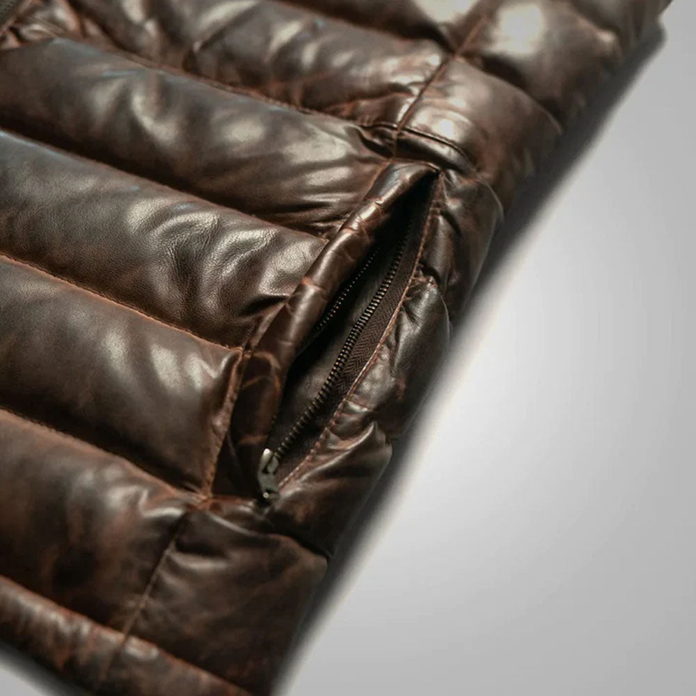 Brown Men Bubble Down Genuine Leather Sheepskin Vest