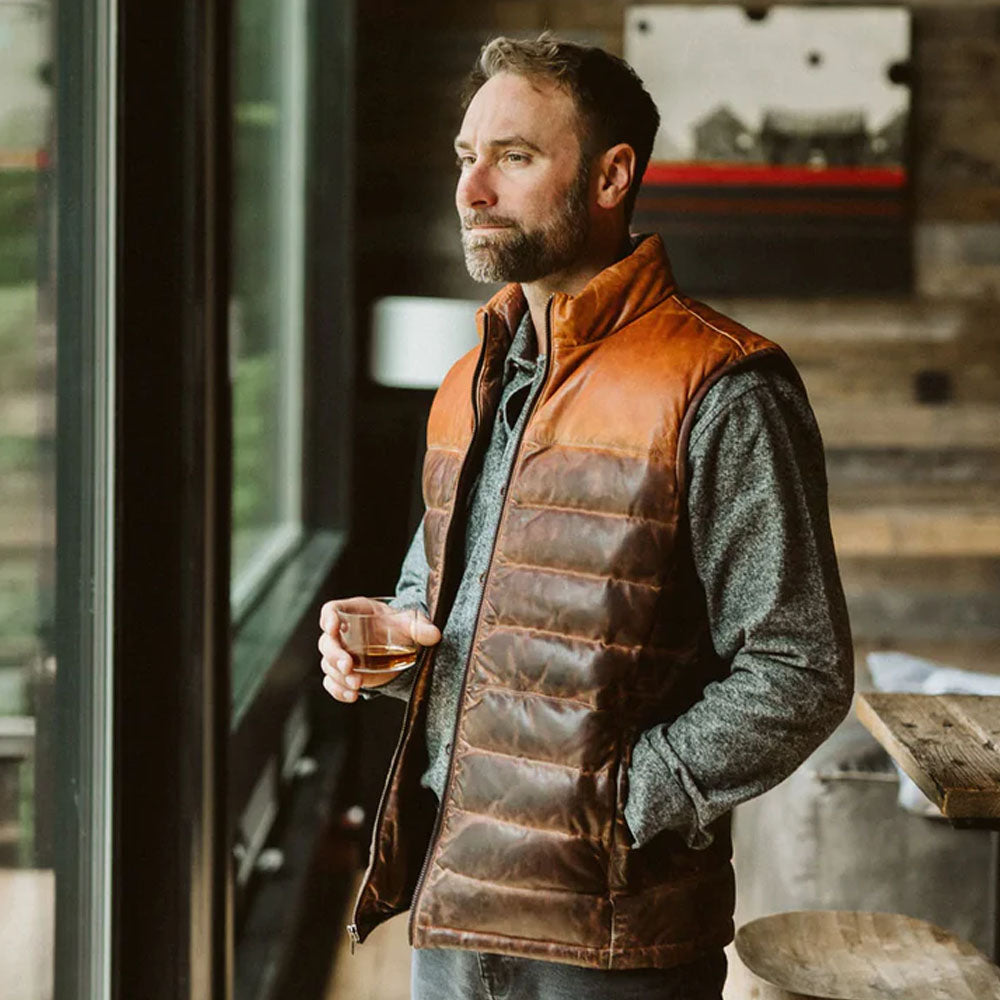 Brown Men Bubble Down Genuine Leather Sheepskin Vest