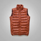 Men's Brown Bubble Lambskin Leather Down Western Vest