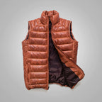Men's Brown Bubble Lambskin Leather Down Western Vest