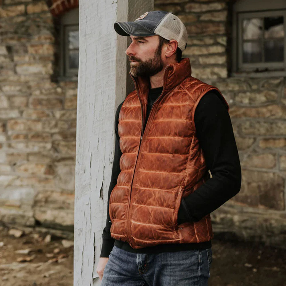 Men's Brown Bubble Lambskin Leather Down Western Vest