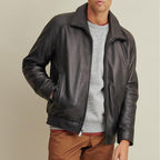 Mens Black Lined Leather Bomber Jacket