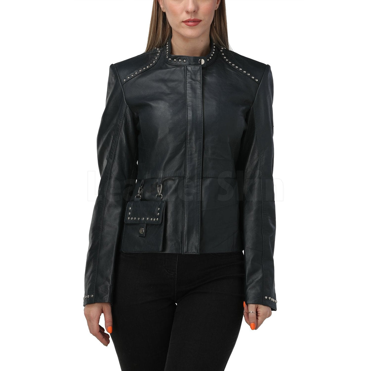 Luna Navy Blue Studded Leather Jacket