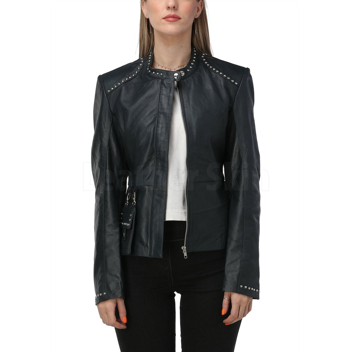 Luna Navy Blue Studded Leather Jacket