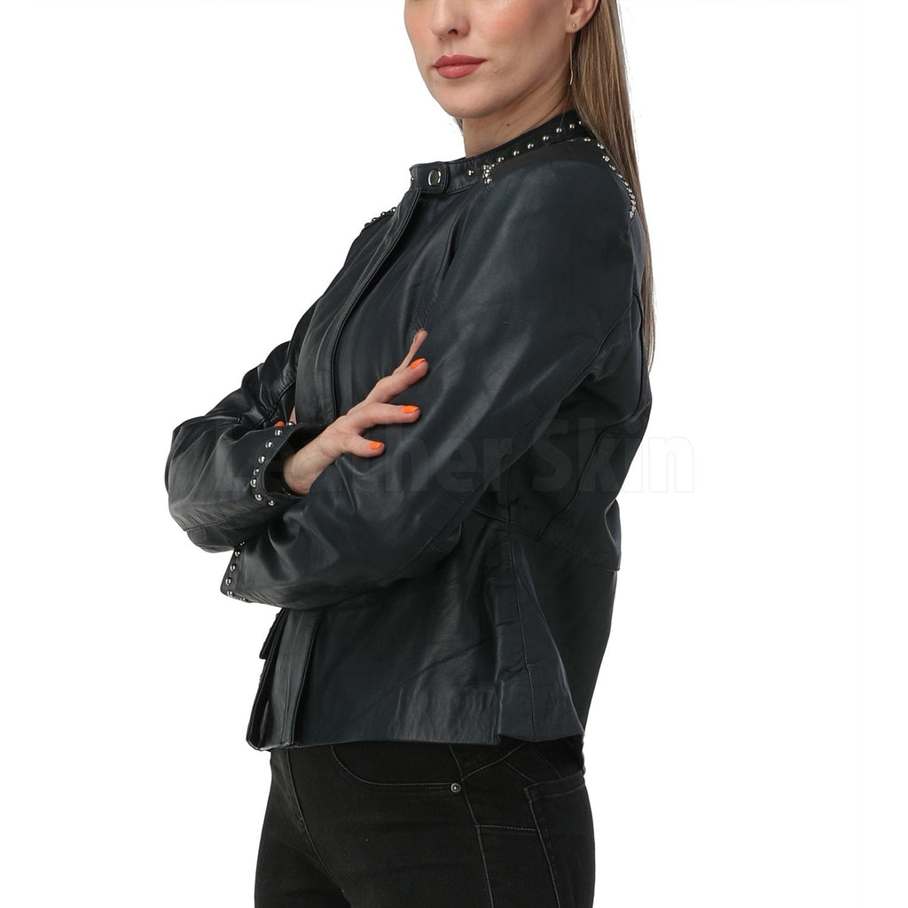 Luna Navy Blue Studded Leather Jacket