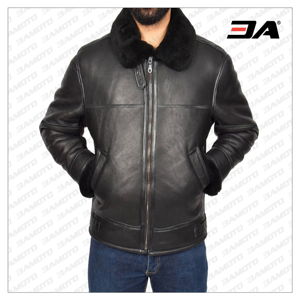 Men Black Shearling Flying Leather Jacket