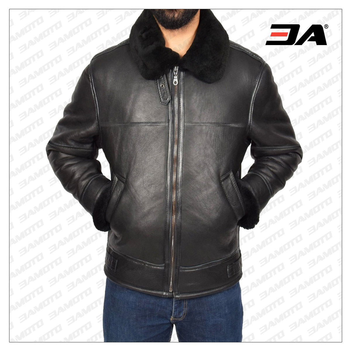 Men Black Shearling Flying Leather Jacket