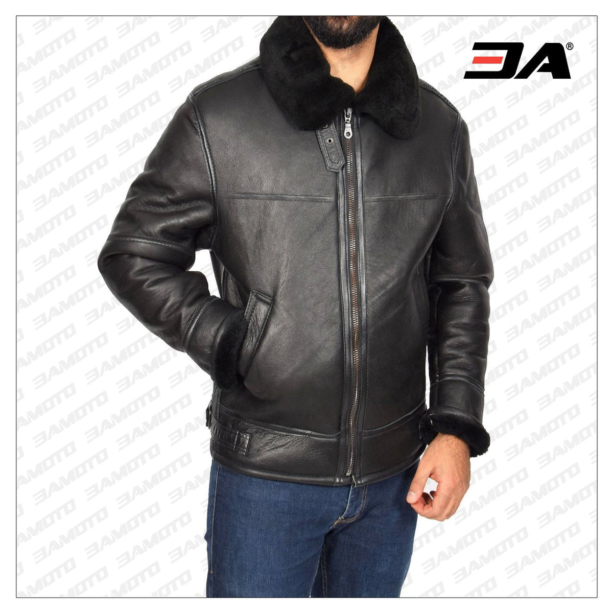 Men Black Shearling Flying Leather Jacket