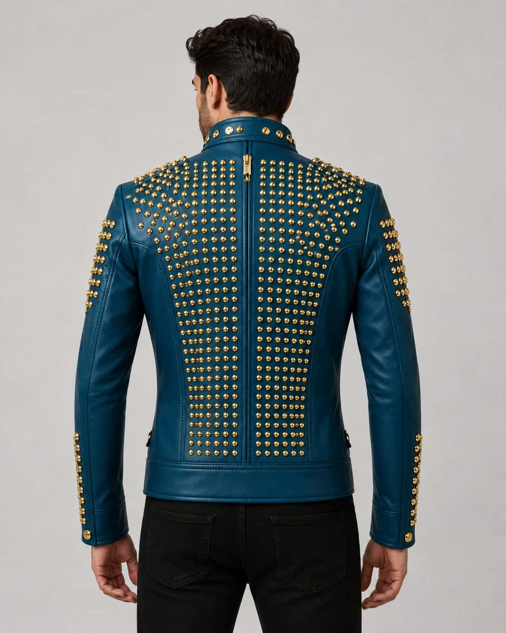 Men Teal Blue Genuine Leather Punk Jacket With Gold Studded Biker Style