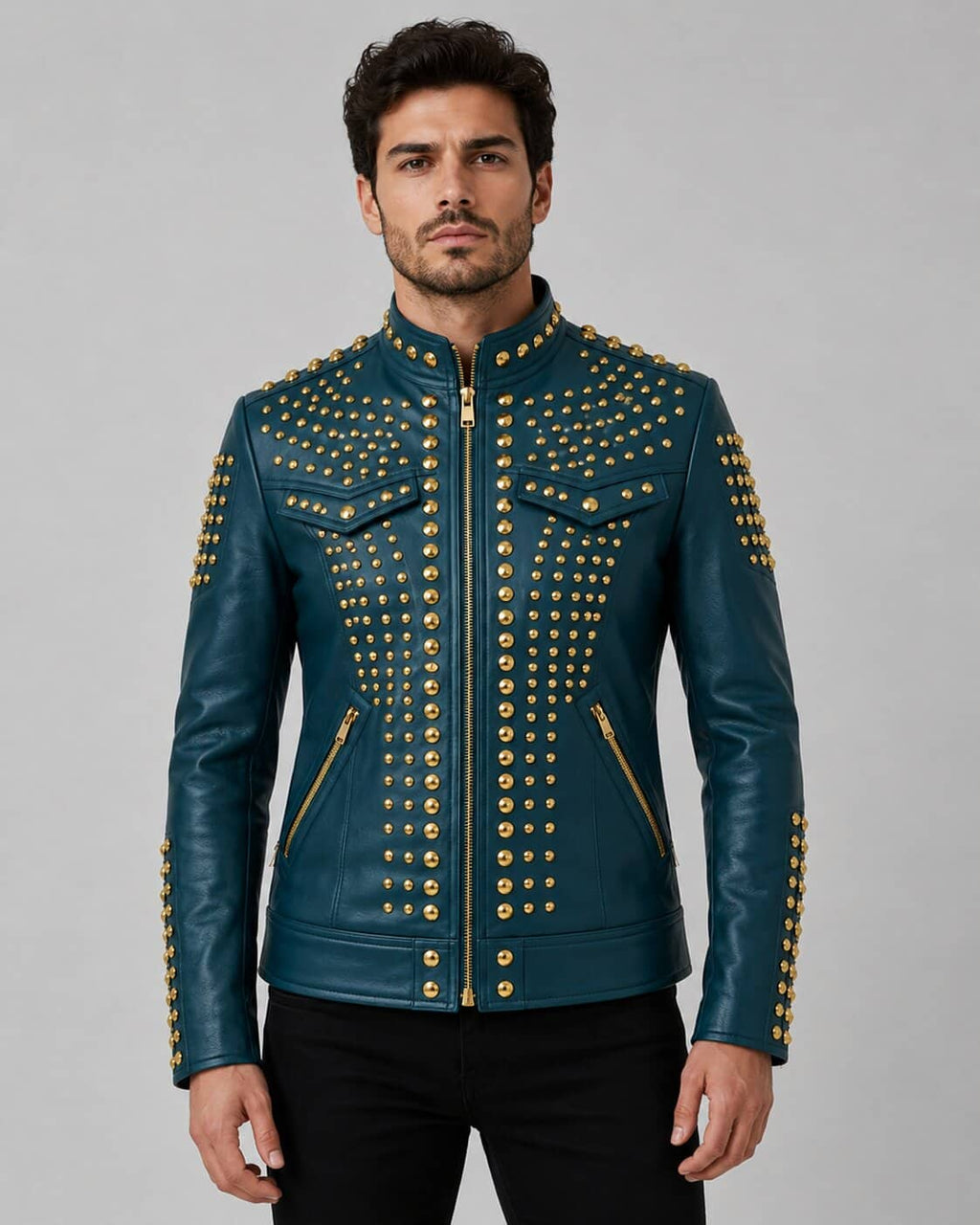 Men Teal Blue Genuine Leather Punk Jacket With Gold Studded Biker Style