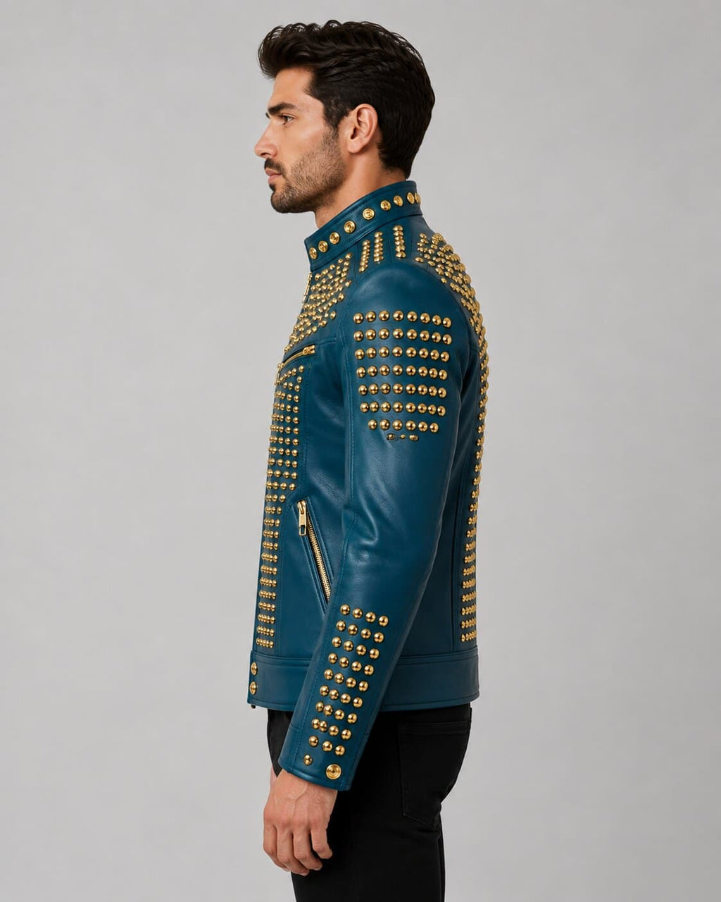 Men Teal Blue Genuine Leather Punk Jacket With Gold Studded Biker Style