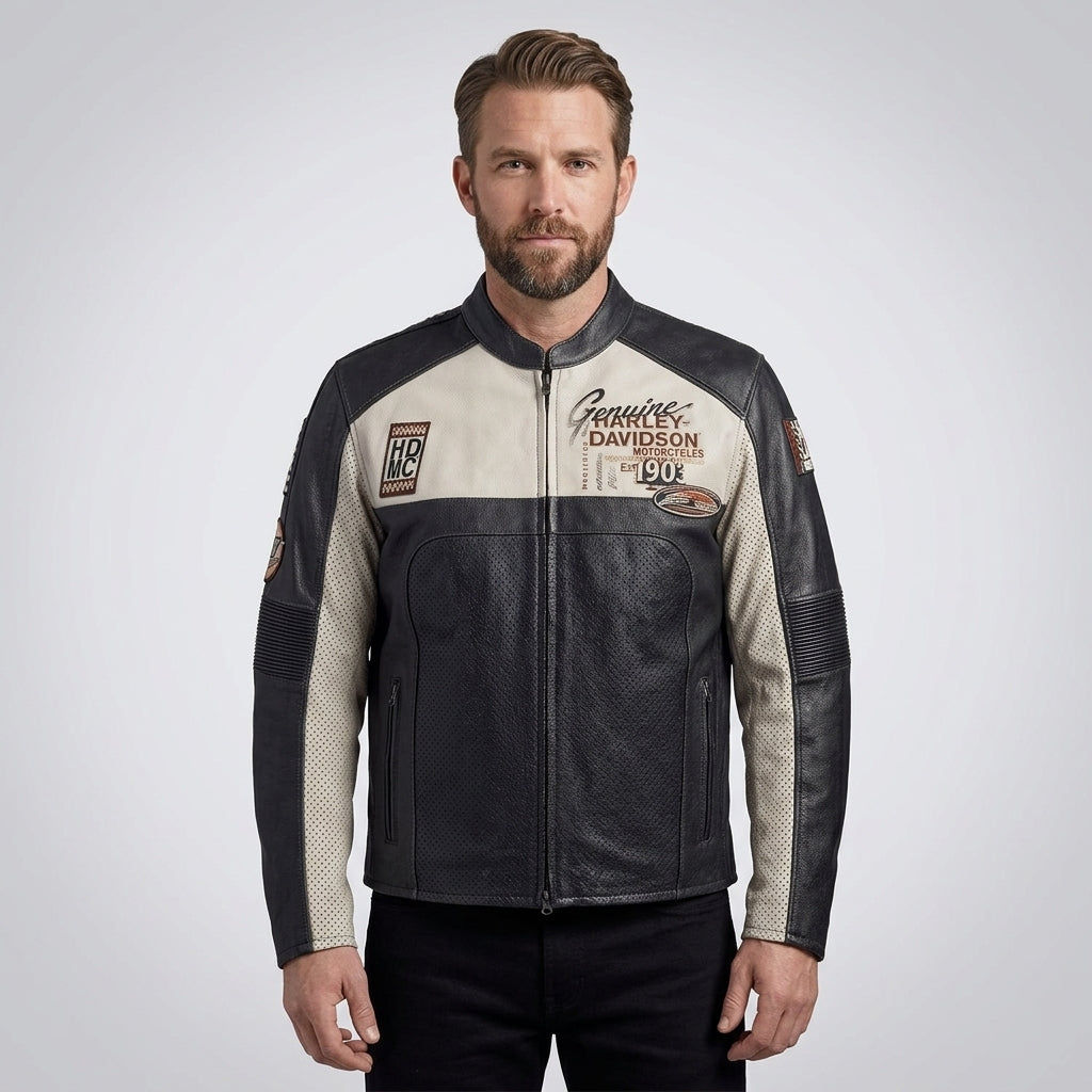 Men’s Harley-Style Genuine Leather Jacket – Star Embroidered Shoulder Moto