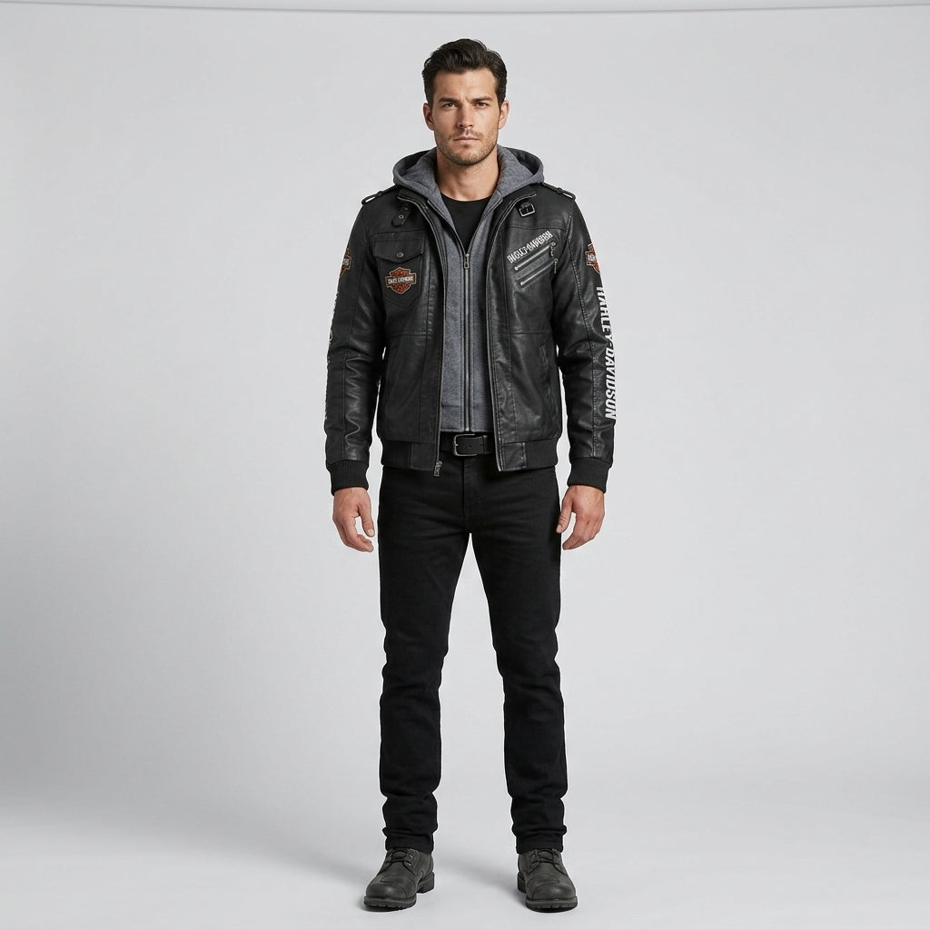 Men’s Black Hooded Cowhide Leather Biker Jacket – Harley-Style Moto