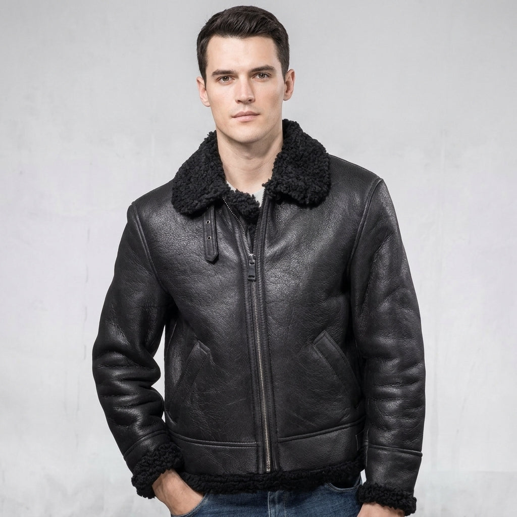 Men’s Black Aviator B3 Shearling Leather Jacket – Premium Flight Bomber Coat
