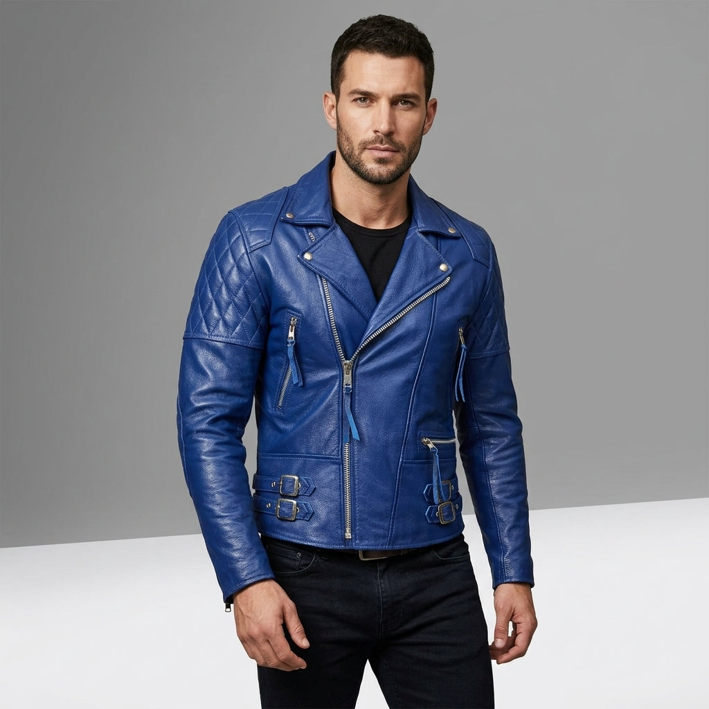 Cafe Racer Leather Jacket - Buy Royal Blue Motorcycle Jacket