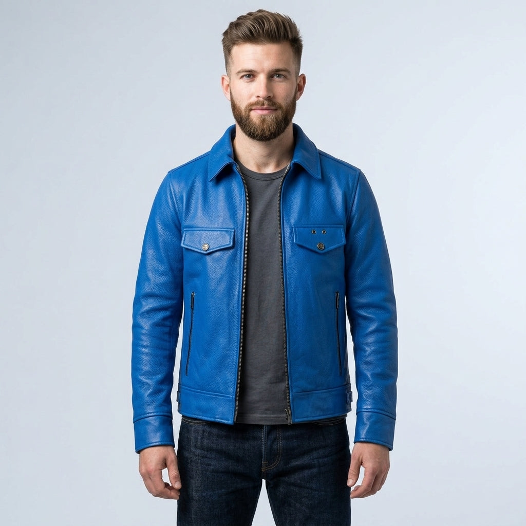 Men’s Blue Trucker Style Cafe Racer Leather Jacket – Motorcycle Biker Jacket
