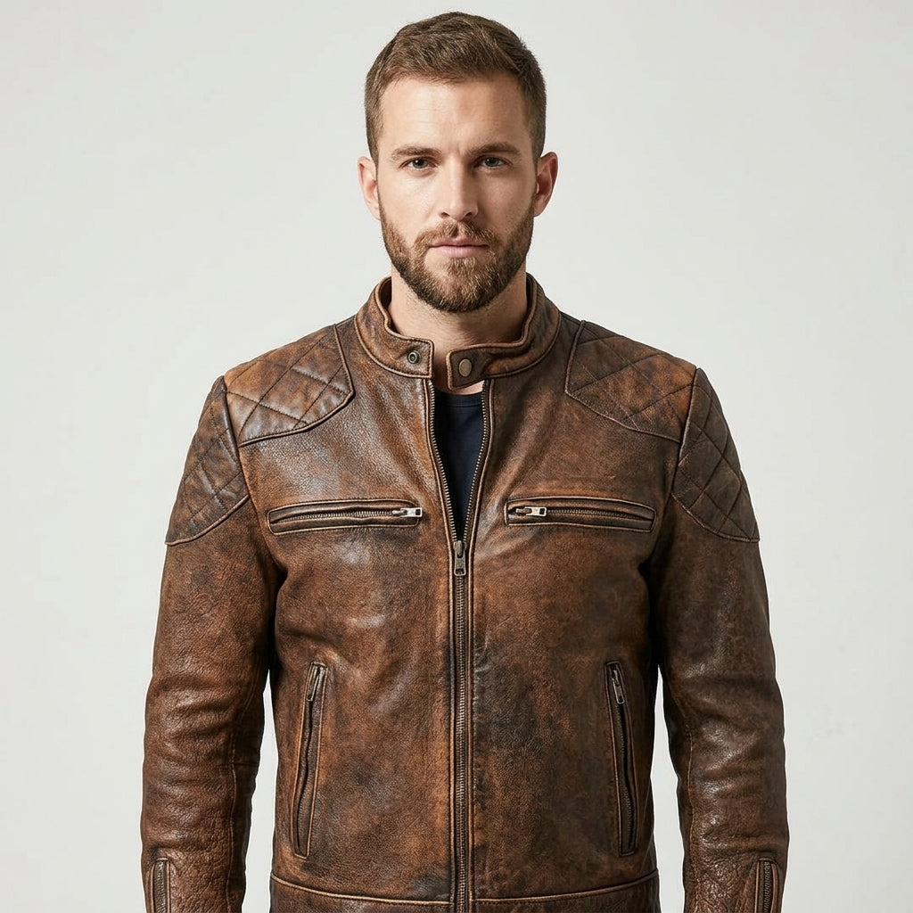 Men’s Brown Distressed Cafe Racer Leather Jacket – Vintage Biker Coat