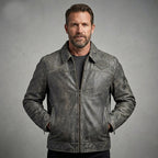 Men’s Harley-Style Black Leather Moto Jacket – Orange & White Racing Stripe Edition