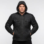 Men’s Matte Black Leather Biker Jacket – Removable Hood Moto Coat