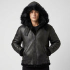 Men’s All Black B-3 Hooded Sheepskin Bomber Jacket – Detachable Shearling Hood