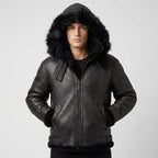 Men’s All Black B-3 Hooded Sheepskin Bomber Jacket – Detachable Shearling Hood