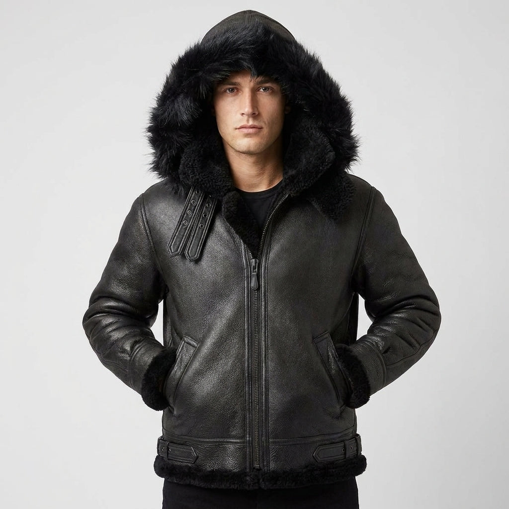 Men’s All Black B-3 Hooded Sheepskin Bomber Jacket – Detachable Shearling Hood