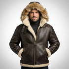 Men’s B-3 Hooded Sheepskin Bomber Leather Jacket – Premium Shearling Flight Coat