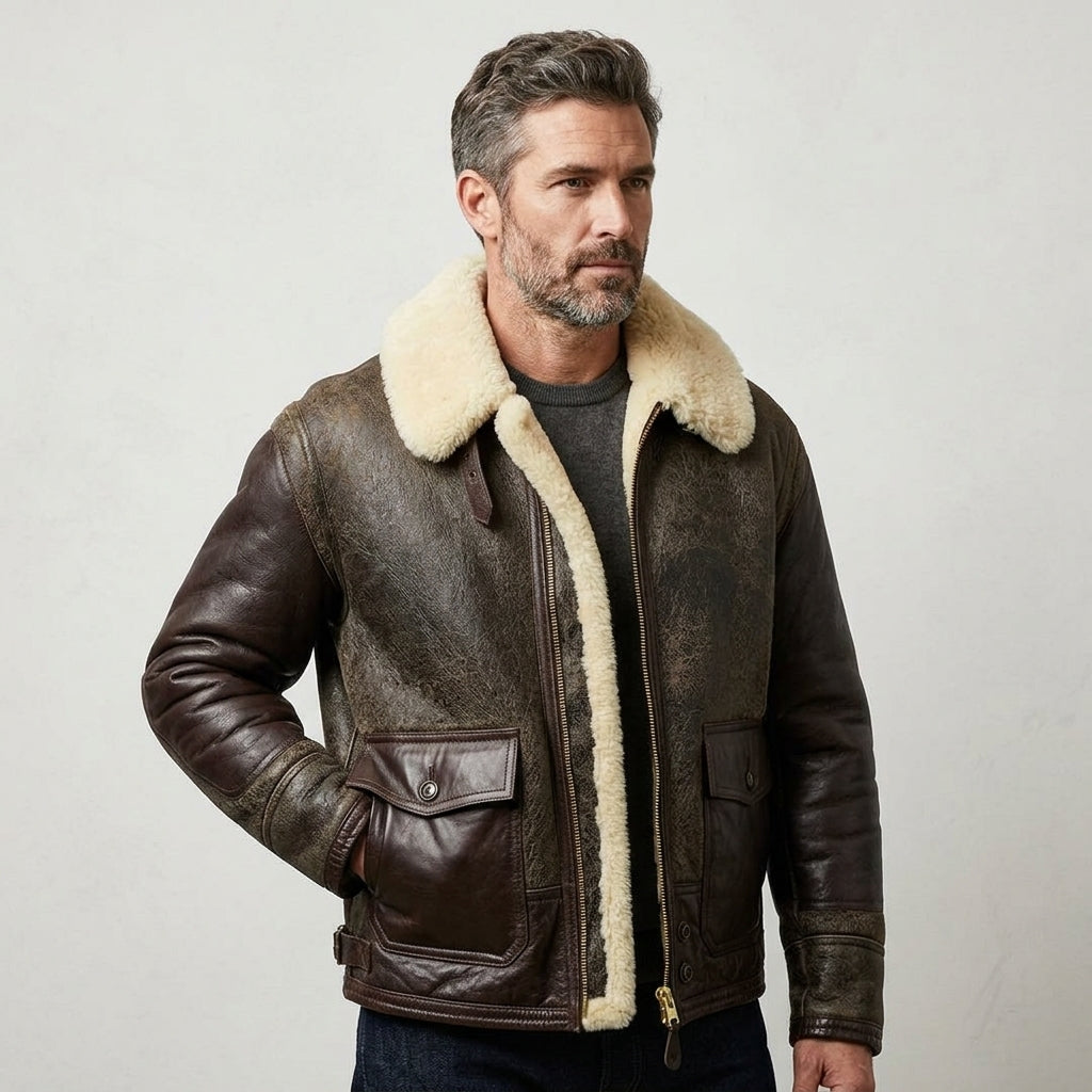 Men’s AN-J-4 Sheepskin Jacket – Premium Military Aviator Flight Coat