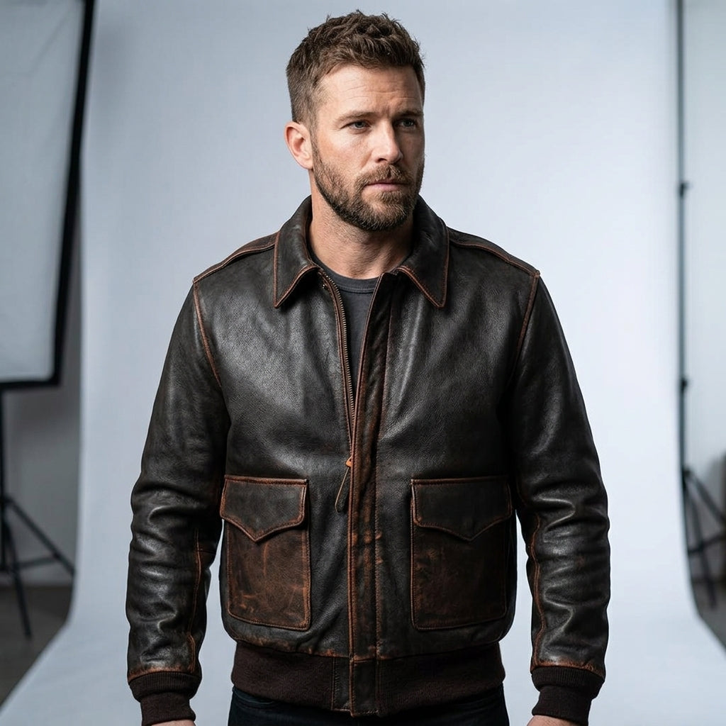 Men’s Brown A2 Aviator Military Pilot Leather Bomber Jacket – Classic Flight Coat