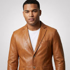 Men’s Tan Lambskin Leather Blazer – Classic Two-Button Tailored Sport Coat