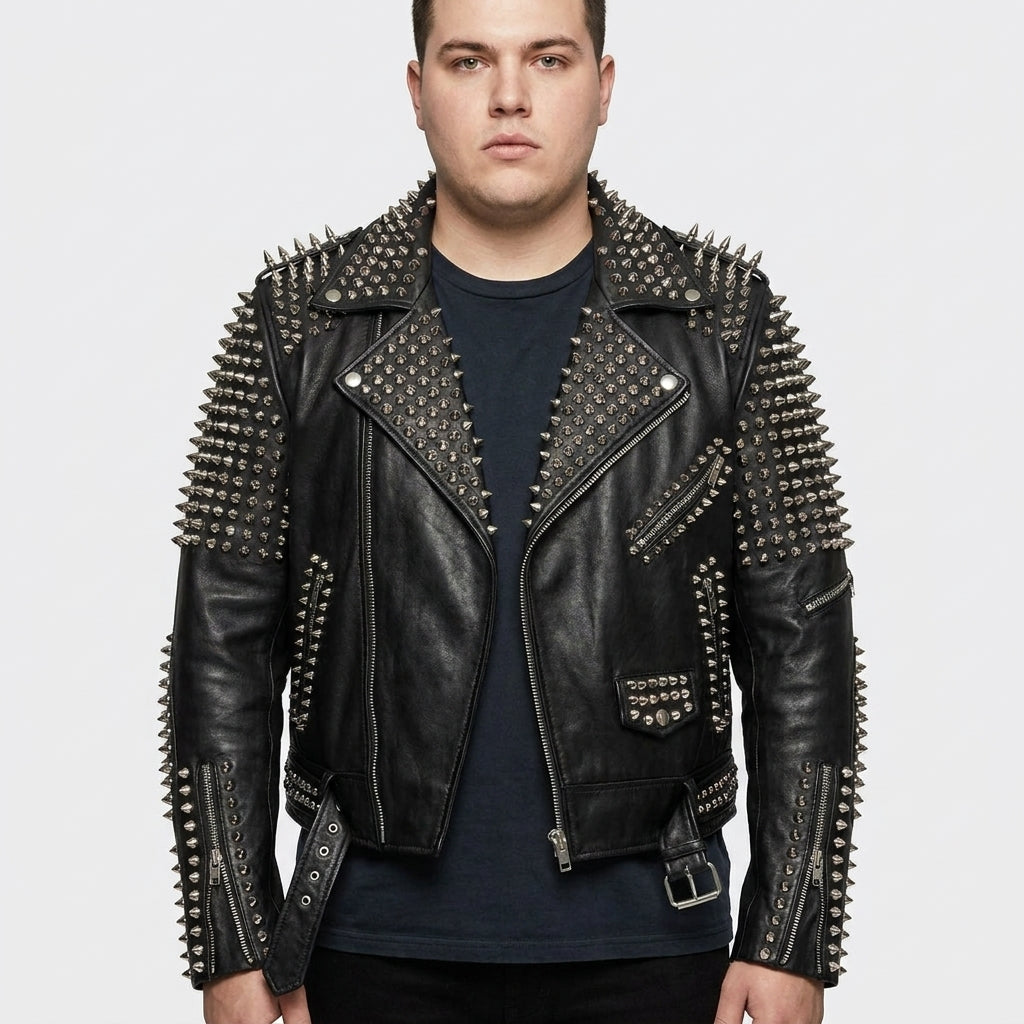 Men's Punk Metal Button Studded Biker Leather Jacket
