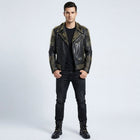 Men's Gold Studded Leather Biker Jacket In Black