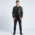 Men's Gold Studded Leather Biker Jacket In Black