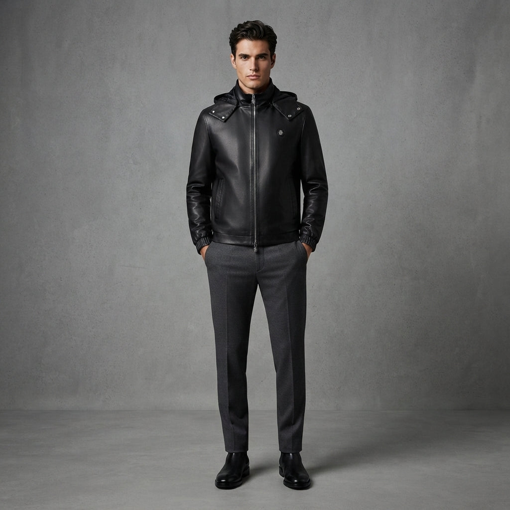 Men's Black Hooded Leather Jacket - Leather Outlet