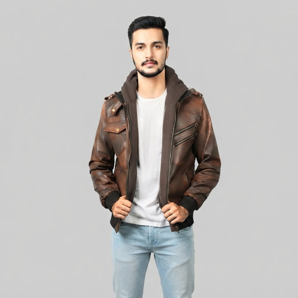 Men's Light Brown Leather Hooded Jacket - Leather Outlet