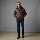 Men's Rustic Brown Leather Hooded Jacket - Leather Outlet
