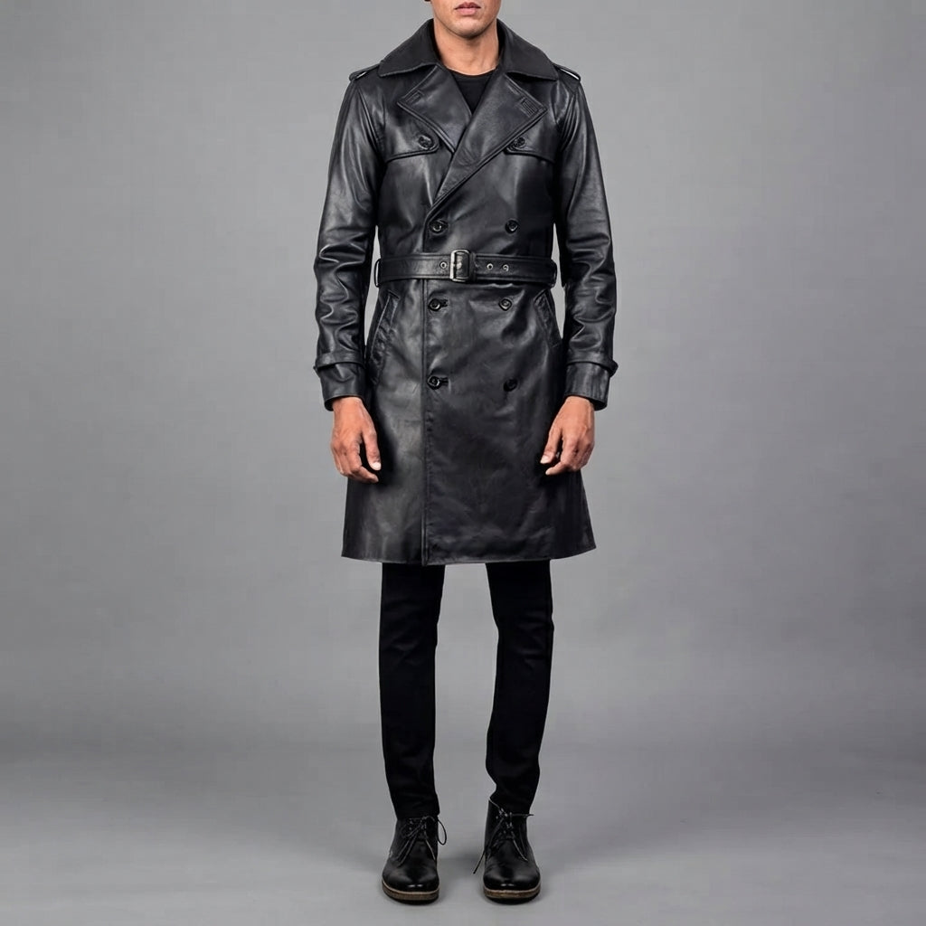 Men's Black Leather Duster Coat - Leather Outlet