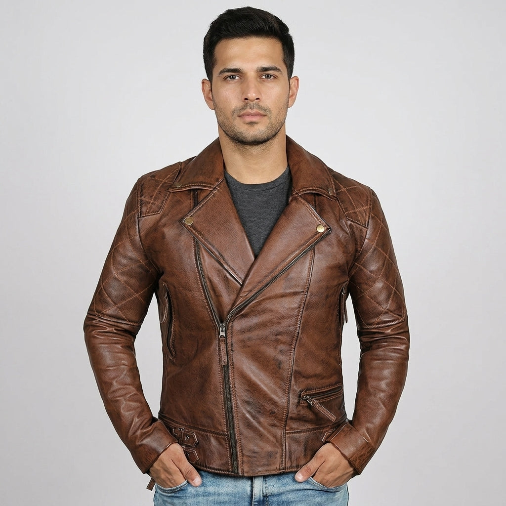 Men’s Brown Distressed Leather Motorcycle Jacket – Vintage Biker Moto Coat