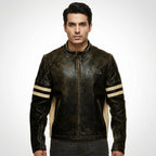 Men’s Distressed Brown Cafe Racer Leather Jacket – Royal Enfield Inspired Biker Coat