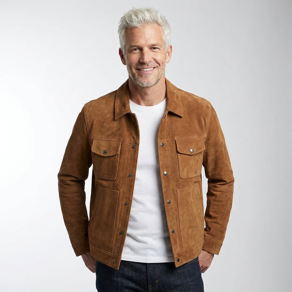 Men’s Heritage Suede Cowboy Jacket – Western Style Leather Trucker Coat