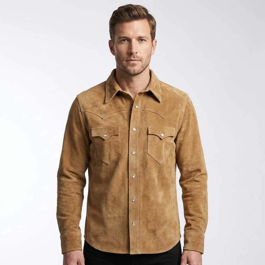Men’s Tan Suede Western Shirt Jacket – Cowboy Style Heritage Shirt