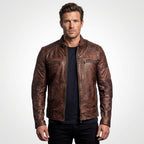 Men’s Coffee Brown Distressed Sheepskin Cafe Racer Leather Jacket