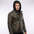 Men’s Gatsby Distressed Brown Leather Jacket – Quilted Shoulder Cafe Racer Jacket