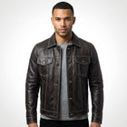 Men’s Dark Brown Leather Trucker Jacket – Contrast Stitch Snap Button Coat