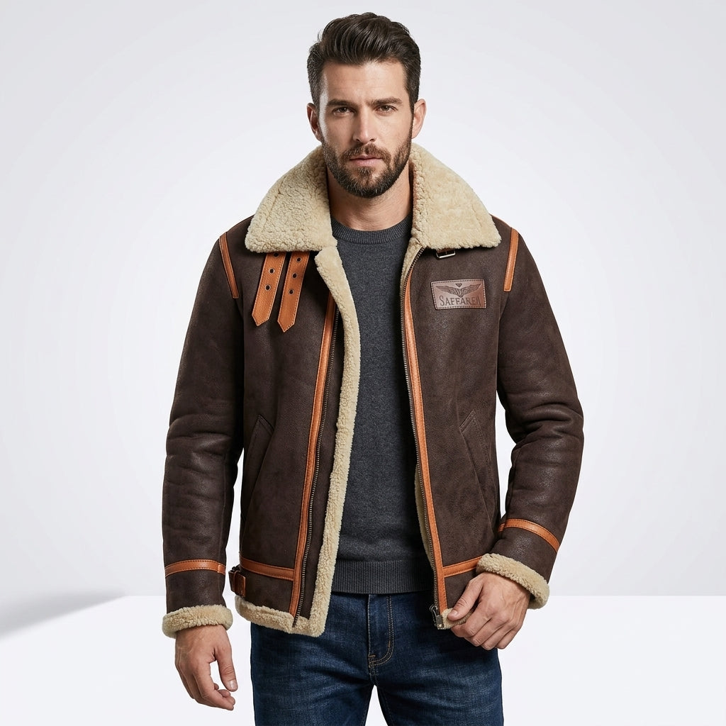 Men’s Brown B-3 Aviator Sheepskin Shearling Bomber Jacket – Premium Flight Coat