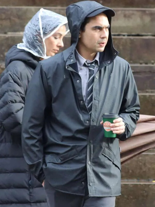 Max Minghella Clay face Blue Hooded Jacket